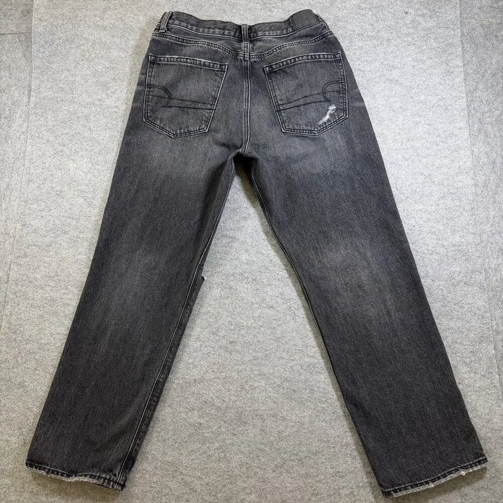 American Eagle 90s Boyfriend Jeans Womens 6 Black Faded Distressed Frayed Ripped